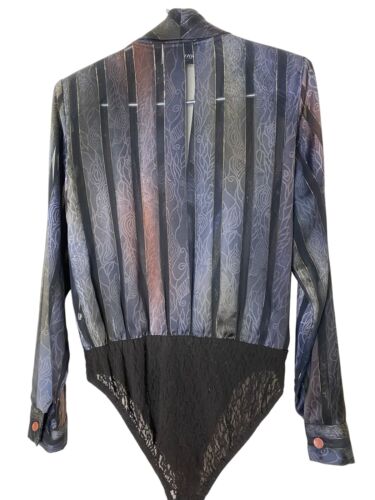 Vintage 80s Donna Degnan Bodysuit Formal Sheer Metallic Wrap V-Neck Lace Size 14 - Picture 2 of 8