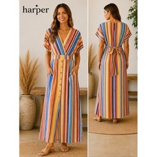 Harper Heritage Striped Maxi Dress Button Front Belted Boho Multicolor Medium