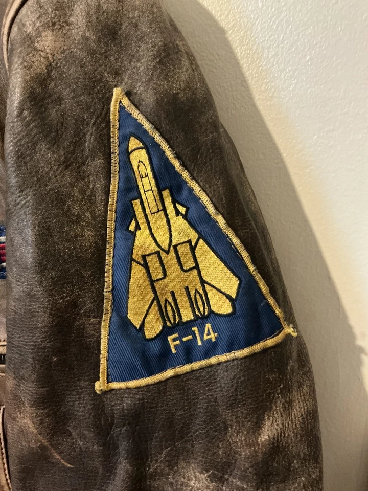 F-14 Mens Leather Jacket Top Gun Tomcat Bomber Flight Lined Patches Pocket Brown - Image 4 of 4