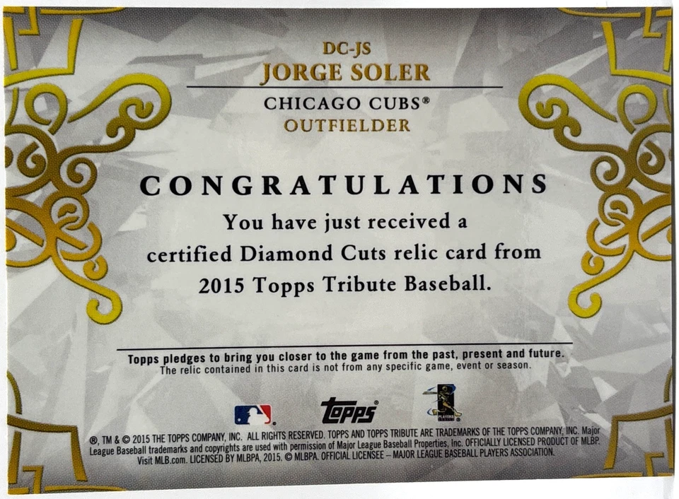 2015 Topps Tribute - Jorge Soler - Parche usado en el juego - Oro/25 Cubs Rookie (RC) Foto 2 de 3