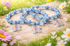 Girls Butterfly Bracelet Set of 3 Blue Beaded Stretch Bracelets Kids Spring Jewe