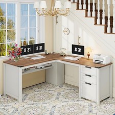 Vabches Farmhouse L Shaped Executive Desk, Corner Computer Desk with Drawers and