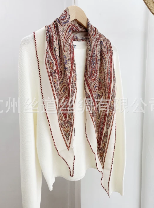 100% Mulberry Silk Scarf Women Bandana cashew Print Neckerchief 140X41cm Wrap