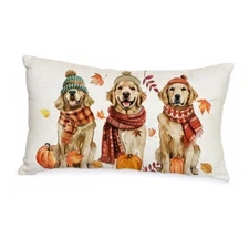  Fall Pillow Cover 12x20 Inch Dogs Pumpkins Maple Leaves 20" x 12" (Pack of 1)