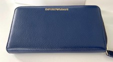 Emporio Armani Blue Leather Zip Around Wallet Unisex Cervo Pebbled Organizer