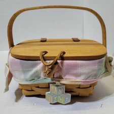 2001 LONGABERGER Lided Basket, Plastic & Pastel Cloth Liner, Baby Blocks Tie On