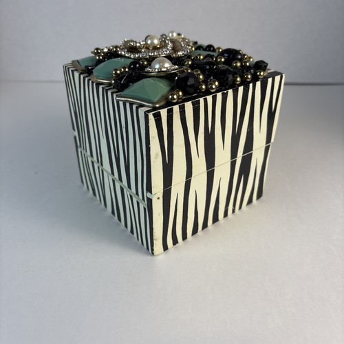 Zebra Striped Trinket Box Embellished With Rhinestones,Pearl & Beads 4.25x4.5x4” - Picture 4 of 7