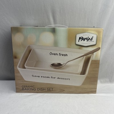 Parini Ceramic Baking Dish Set 3-Piece Rectangle 11x8x3 & 9x6x3 Pans w Spoon