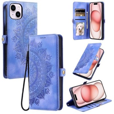 Lila geprägte Lederhülle für iPhone 15 Plus Skin Feel Totem