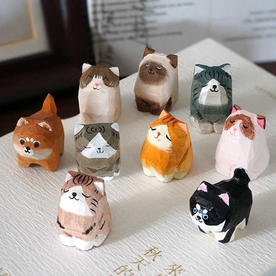 Handcrafted Wooden Shiba Inu & Cute Cat Figurines - Adorable Desk Décor For  _cn