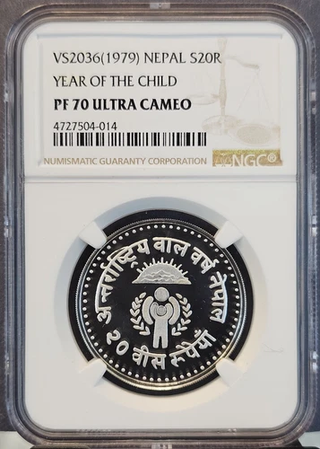 1979 NEPAL SILVER 20 RUPEES YEAR OF THE CHILD NGC PF 70 ULTRA CAMEO PERFECTION