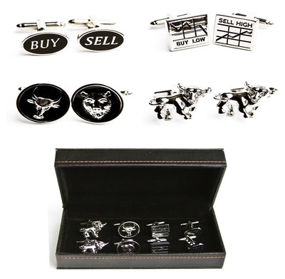 Wall Street Stock Broker Trader 4 Pairs Cufflinks Bull Bear Groom Fancy Gift Box
