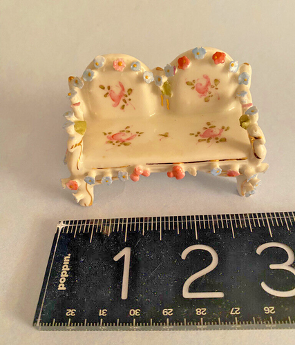 19thc GERMAN hand painted porcelain MINIATURE Settee Gilded DRESDEN MINT-small