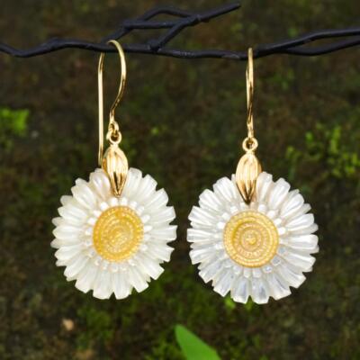 Blumen Ohrringe Aus Perlmutt & Vermeil Vergoldung Auf Sterlingsilber 5,11 G