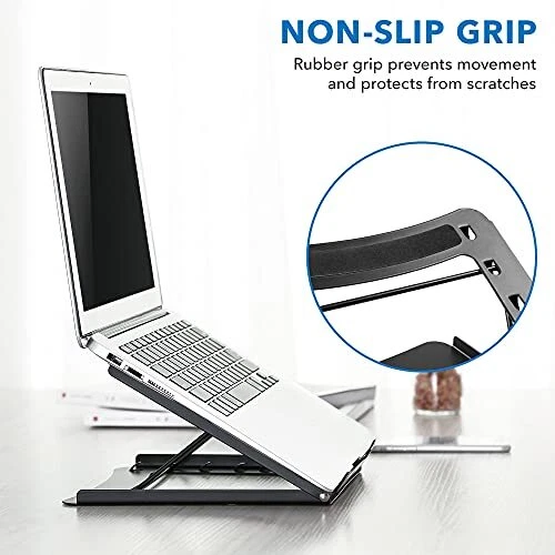 **Adjustable Black Steel Laptop Stand for Desk - 5 Height Options**