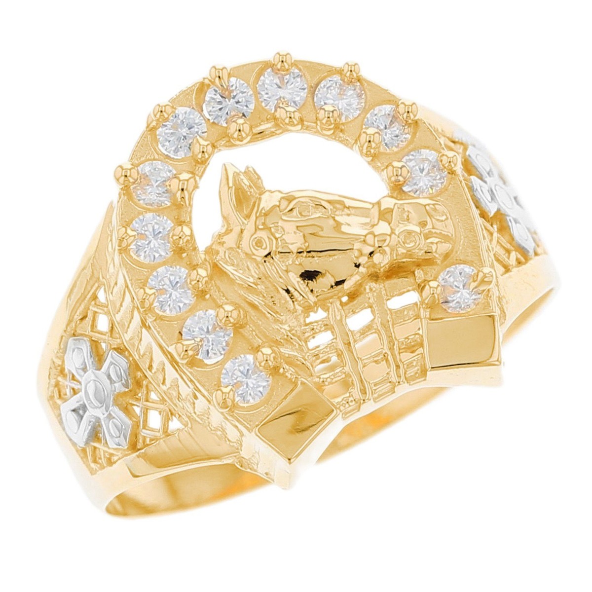 10k or 14k Two Tone Solid Gold Horse Lucky Horseshoe CZ Mens