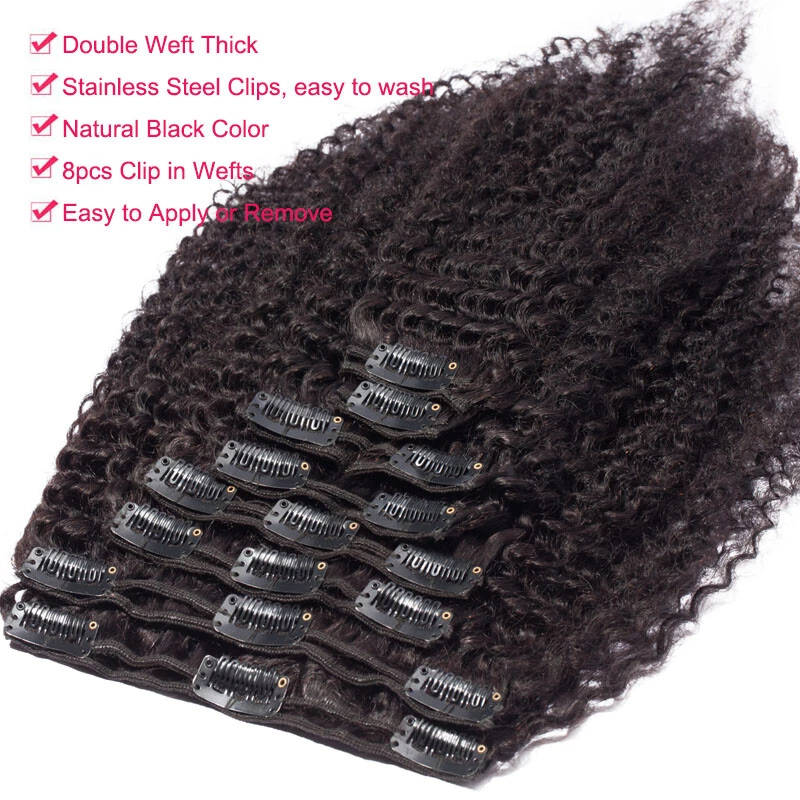 Clip rizado afro rizado grueso en extensiones de cabello 100 % humano doble trama 8 piezas 120 g Foto 2 de 4