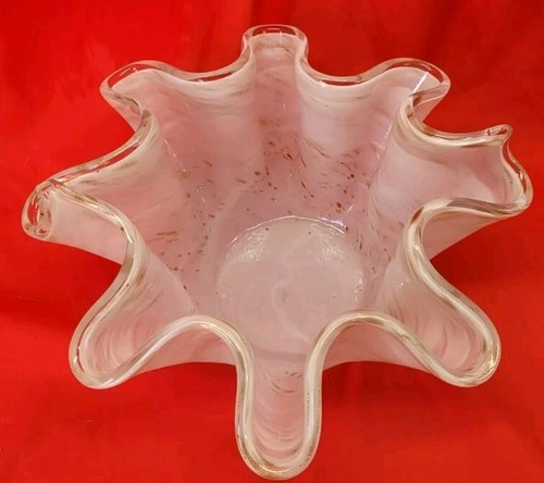 Glass Handblown Handkerchief Bowl white w gold flecks clear rim - Picture 8 of 21