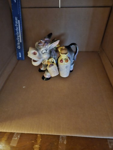 RARE VINTAGE DONKEY BURRO CONDIMENT SET OIL VINEGAR SALT PEPPER JAPAN perfect  - Picture 2 of 11
