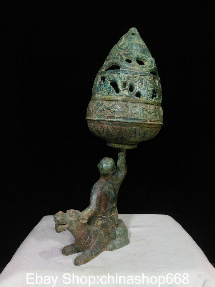 13.6"Old China Bronze Ware Buddhism Arhat Riding A Lion Luck Lotus