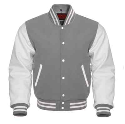 Bomber Baseball Gray Wool White Leather Sleeves Varsity Letterman Jacket Vintage
