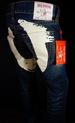 $895 Evisu - True Religion Jean Dark Denim White Paint 32 X 34