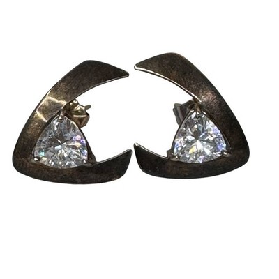 Vintage Signed TTC Sterling Silver Triangle Cut CZ Stud Earrings Modernist MCM