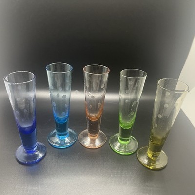 Barware: 5 Multicolored Cordial Shot Glasses w/ Frosted Etched Polka Dots