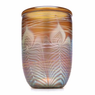 Vintage Art Glass Correia Hawaii Aurene Threaded Iridescent Feather Vase 1980