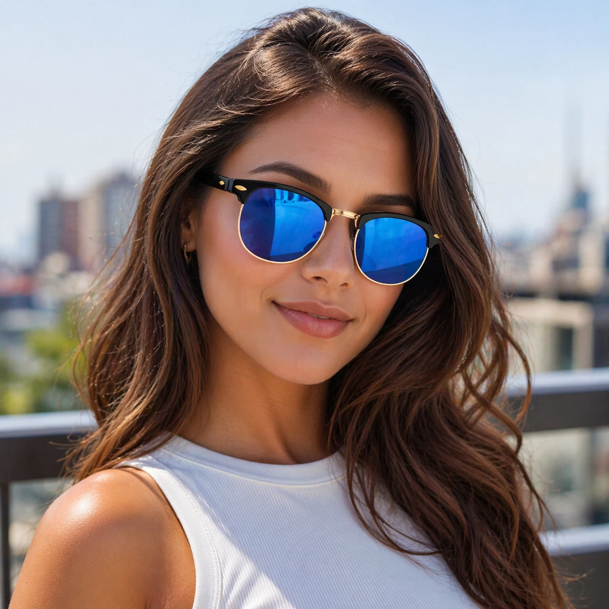 Sonnenbrille Blau Spiegel Schwarz Rahmen UV400 Gläser Herren Damen Retro Vintage