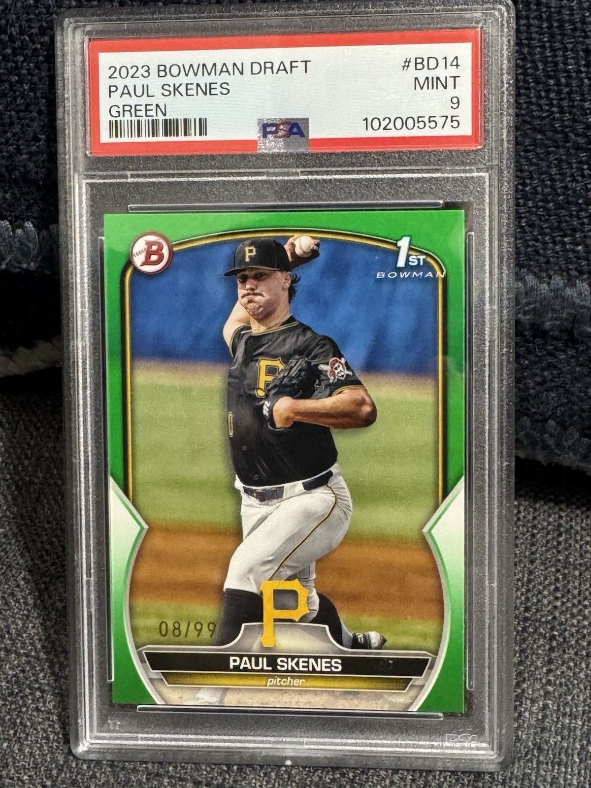 2023 Bowman Draft Paul Skenes 1st Green # 08/99  Graded PSA 9 Rookie, CY young view 2