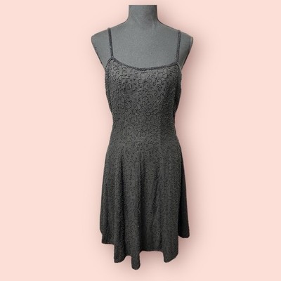 Vtg 90s Black Beaded Dress Size 8 A-line Tank Top Silk India Whimsygoth Hocoyt5e