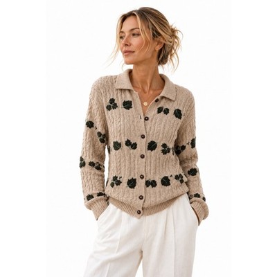 Vintage Dress Barn Womens Cardigan Sweater Size L Leaf Cream Boho Cottagecore