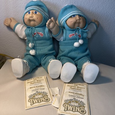 Vintage 1983 Coleco Cabbage Patch Kids Twins Blue Outfits + Birth Certificates