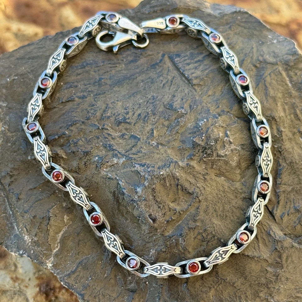 Silver Ruby Gemstone Hand-Engraved Link Chain Vintage Bracelet - Image 2 of 4