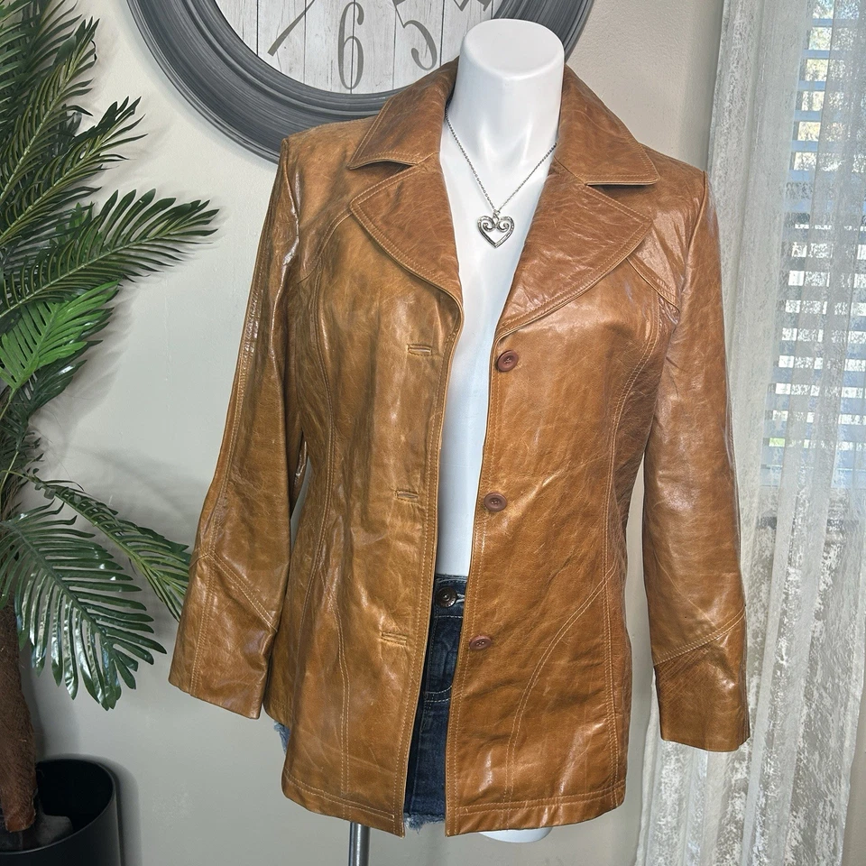Chaqueta de cuero Wilsons vintage para mujer 2XL marrón forro cachemir botón delantero Foto 3 de 4