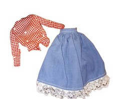 Vtg 1960s Handmade Barbie Size Outfit Red Gingham Shirt Blue Denim Look Skirt