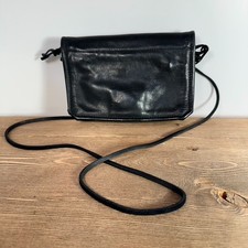 VTG Black Leather Foldover Crossbody Convertible Clutch 90s Minimalist Festival