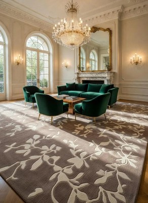 Hand Tufted Floral Area Rug, Neutral Beige Botanical Carpet for Living Room 8x12