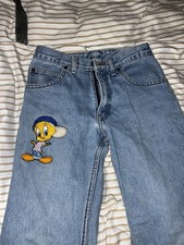 VINTAGE Looney Tunes TWEETY BIRD Girls Denim Jeans Y2K 1995 Embroidered Jeans 3