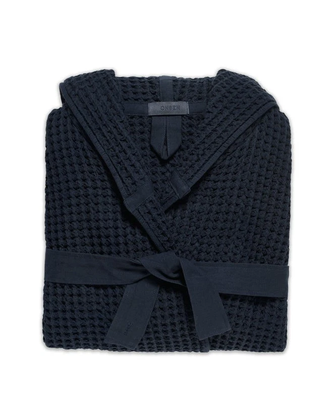 Onsen Hooded Waffle Robe in Navy Blue Large - Waffle Cotton Unisex- No Belt - Image 3 of 4