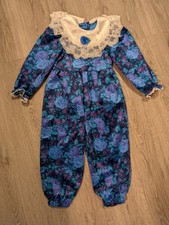 Vintage floral bubble jumpsuit lace collar long sleeve blue purple 4T