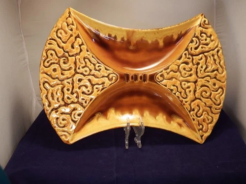 HUGE Gold Amber 16"x  11” Haeger Pottery Ceramic Ashtray MCM Brain Squiggle#1089