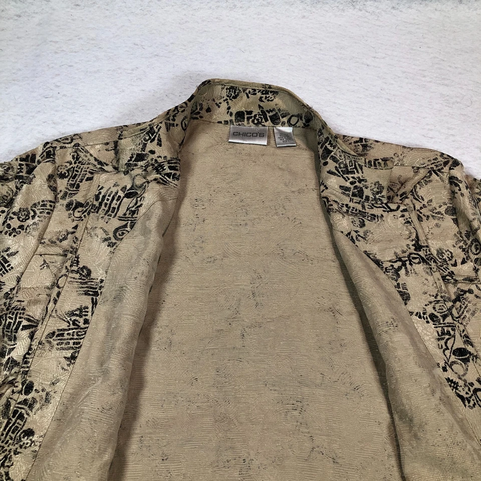 Blazer Chico's Mujer Lino Seda Talla 1 EE. UU. 8 Beige Negro Cuello Simulado Manga 3/4 Foto 3 de 4