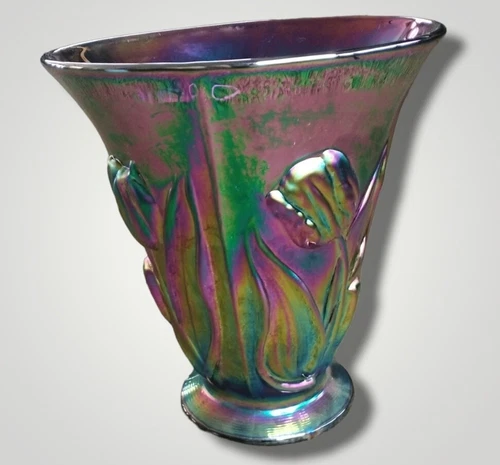 Fenton Glass Purple Amethyst Carnival 3D Embossed Tulip Vase