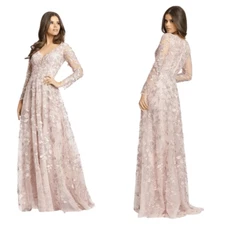 Mac Duggal Floral Applique Long Sleeve A-Line Gown Size 16