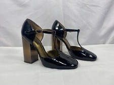 DOLCE & GABBANA Black Patent Leather Bronze Metal Block 4.5" High Heel Pumps 7.5
