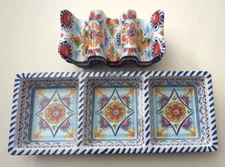 Prepara Melamine Mediterranean Floral Spanish Tile Serving Tray & 4 Taco Holders