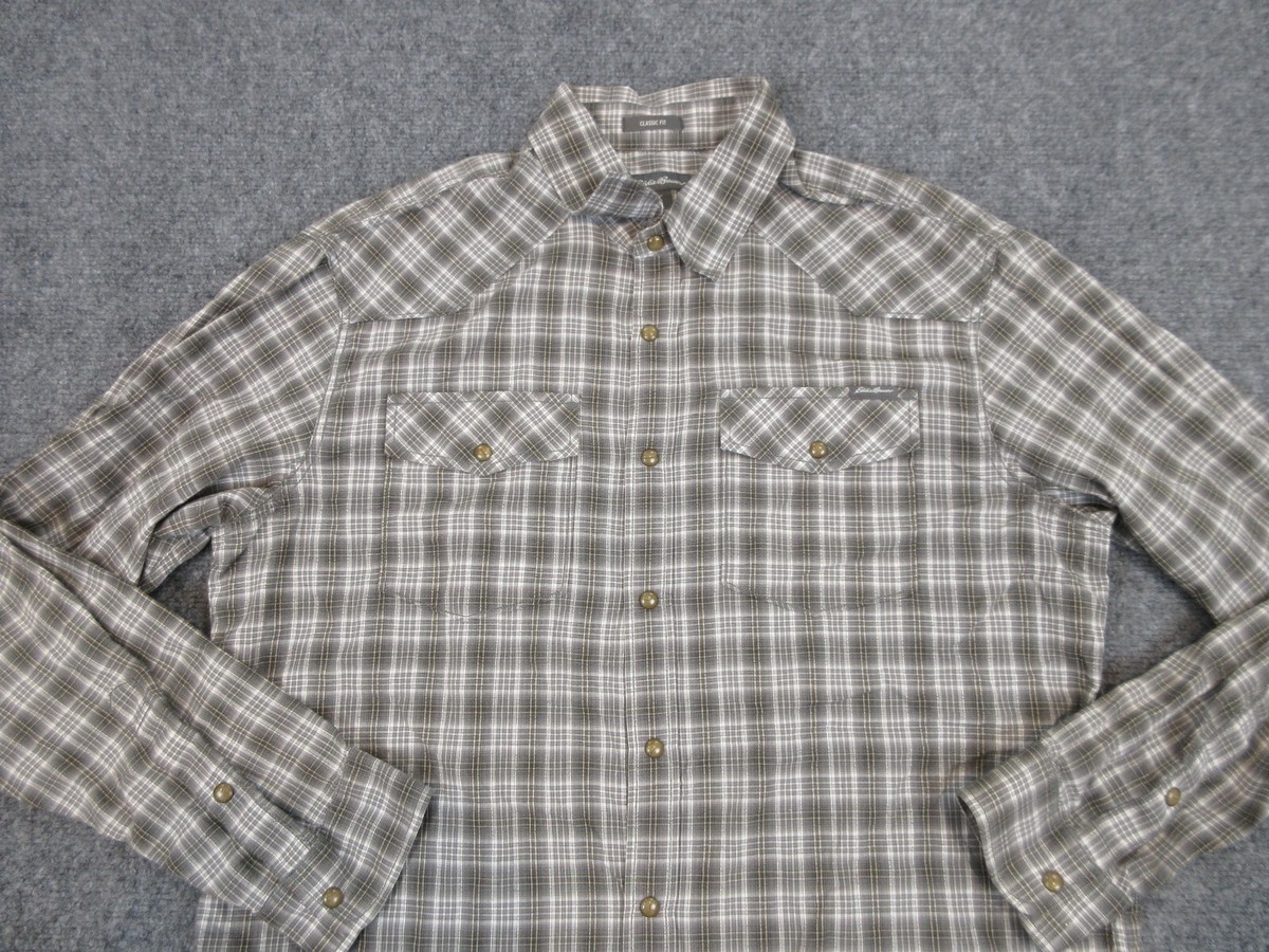 Eddie Bauer Shirt Mens Large Green Gray Plaid Button Up Snap