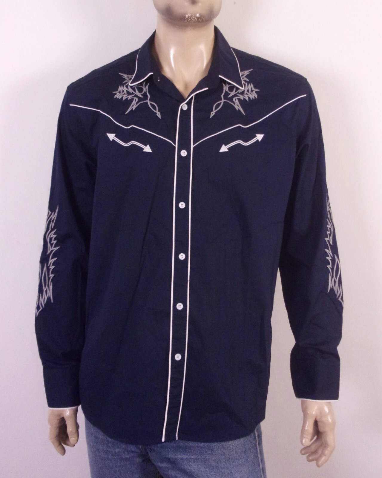 EUC Coofandy Navy Blue White Embroidered Western Shirt Gaucho Smile Pkt Rodeo XL